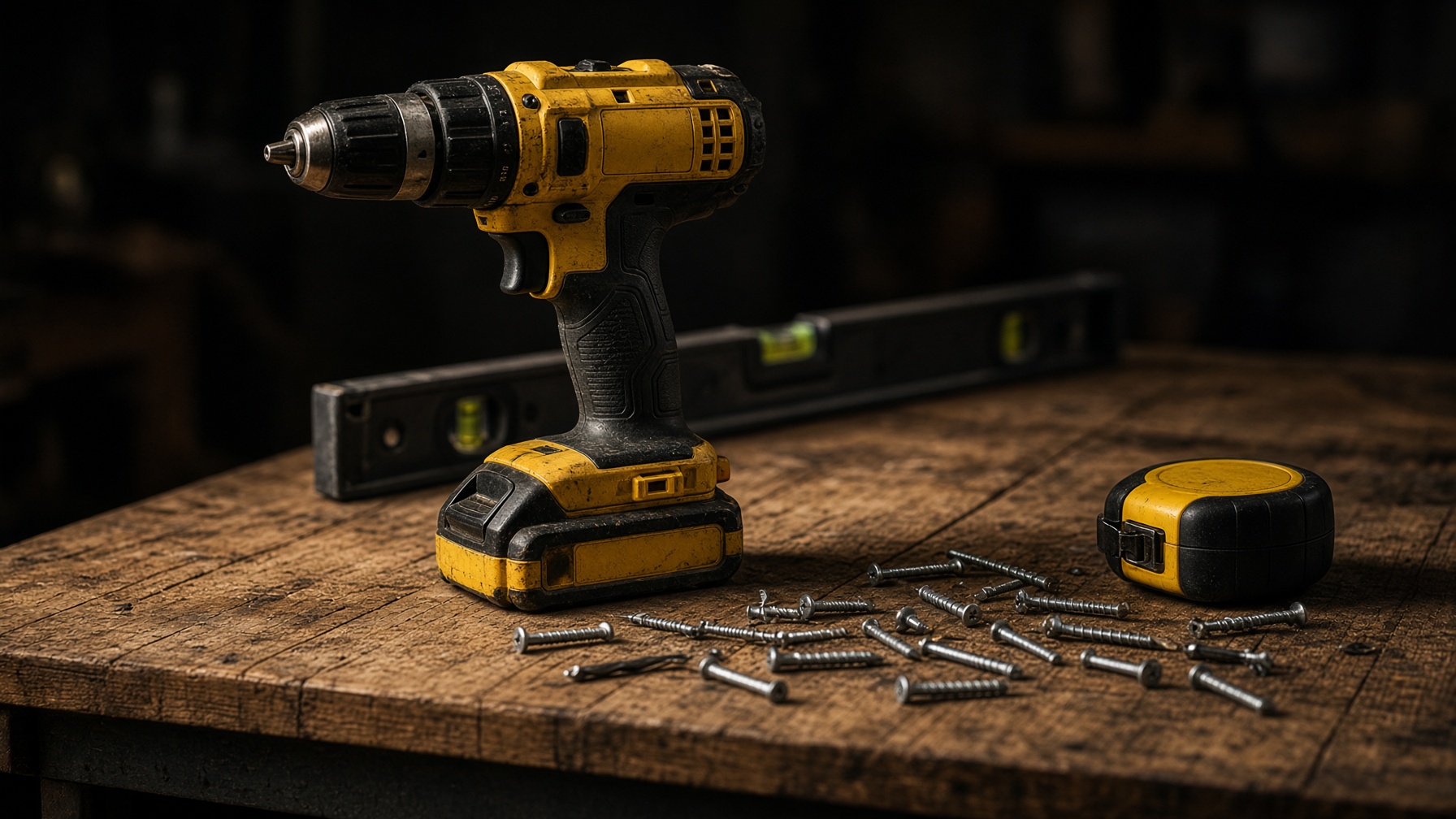 Cordless drill and hardware on a workbench
