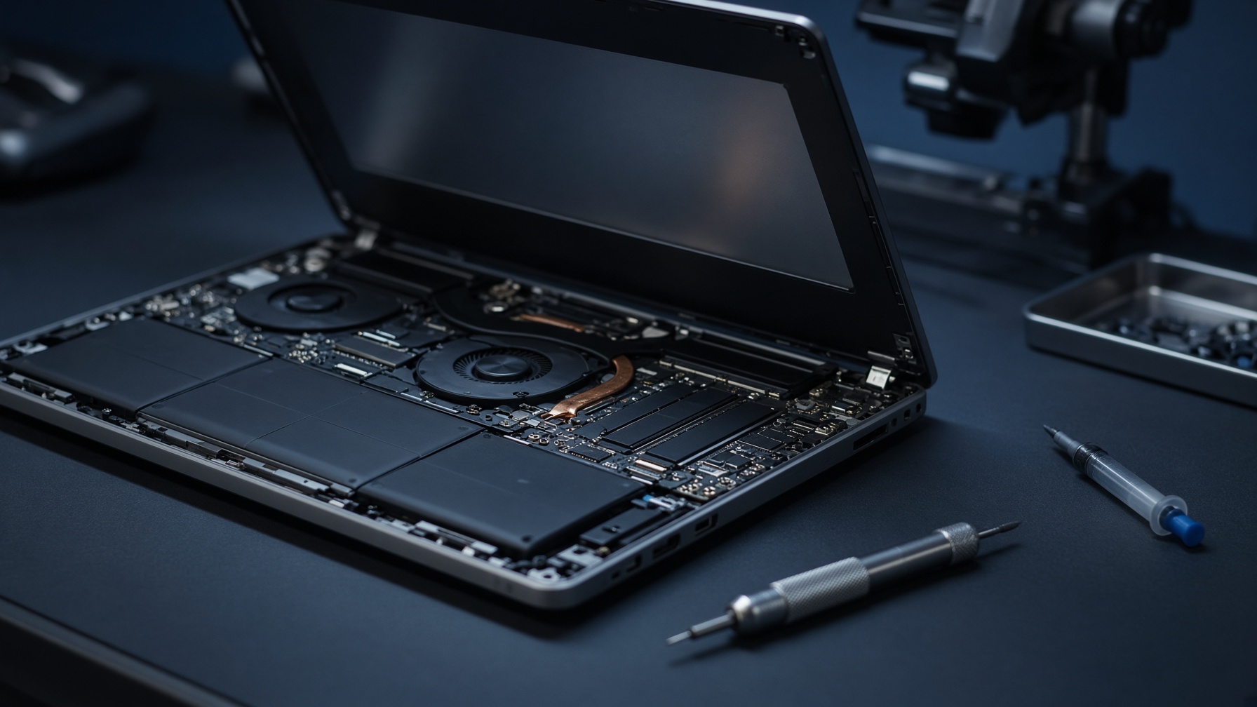 Laptop open on a repair bench
