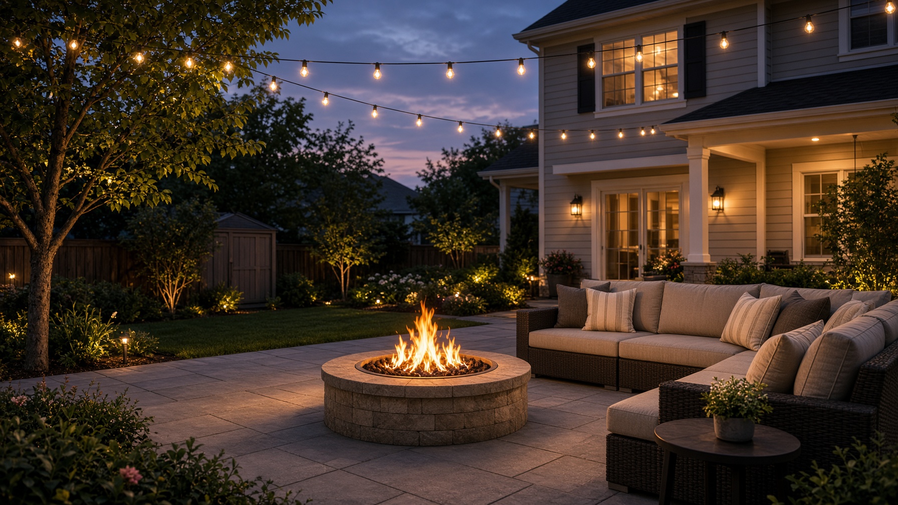 Backyard patio with string lights and a fire pit at dusk
