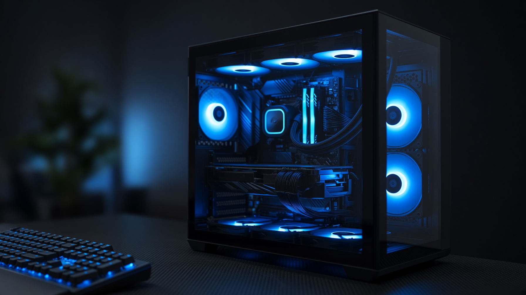 Custom gaming PC with electric blue lighting
