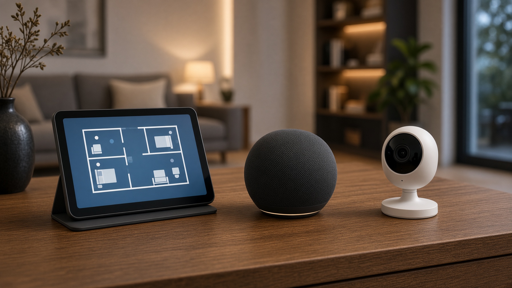 Smart home display, speaker, and camera on a console