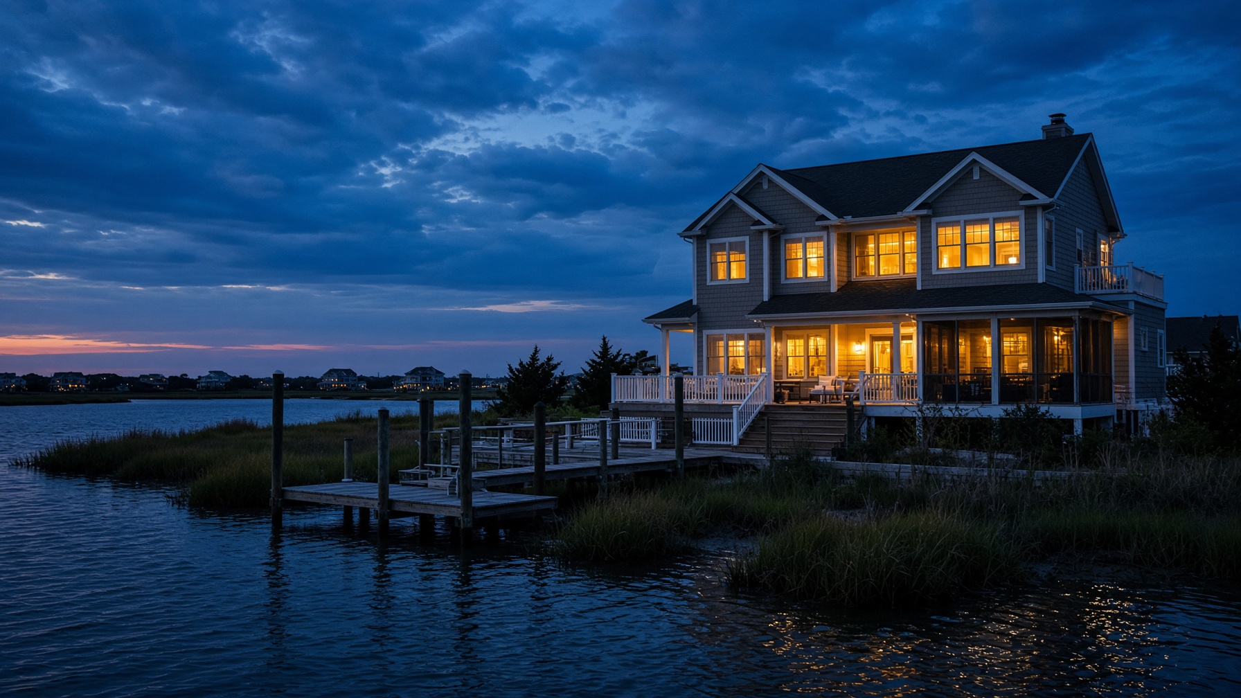 Dusk on a Somers Point bayfront home