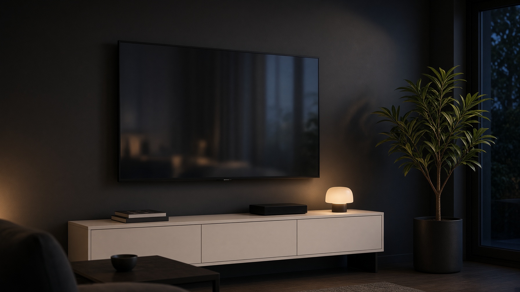 Flat-screen television mounted above a media console