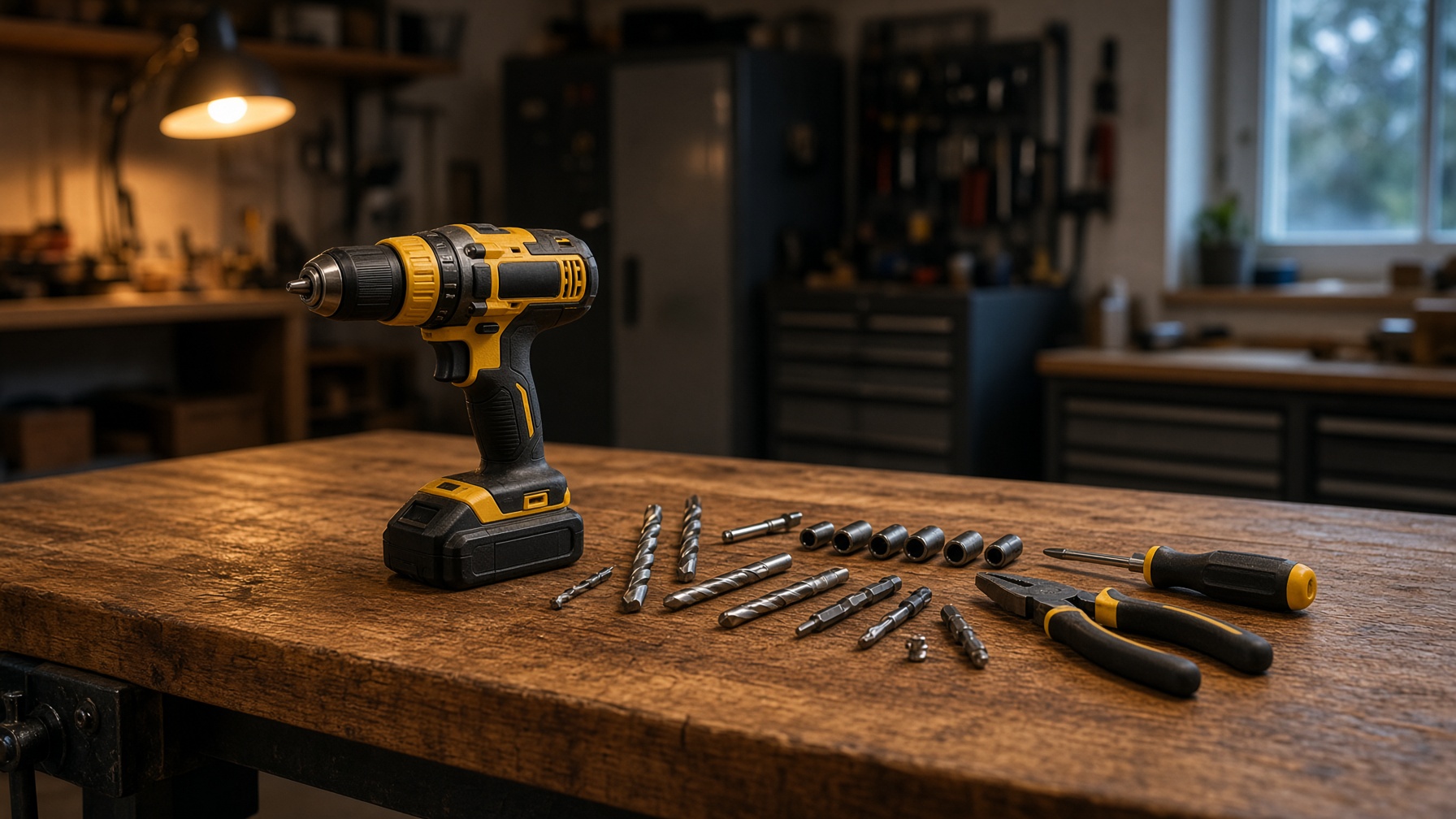 Home repair tools on a wooden workbench